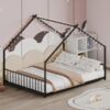 Full size children's bed frame with LED light strips, roof-shaped iron frame bed, Black,78.5" L x 55.9" W x 58.4" H.