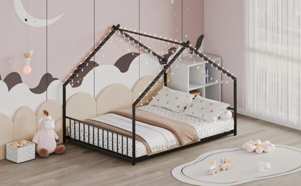 Full size children's bed frame with LED light strips, roof-shaped iron frame bed, Black,78.5" L x 55.9" W x 58.4" H.
