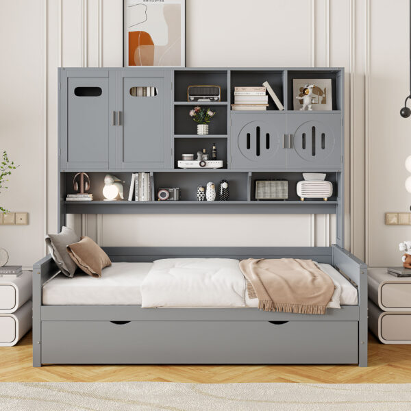 Twin Size Wooden Daybed With Twin Size Trundle, and All-in-One Cabinet and Shelf, Gray