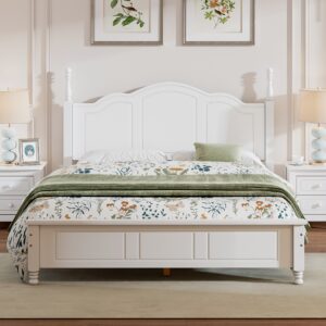 Queen Size Wood Platform Bed Frame,Retro Style Platform Bed with Wooden Slat Support,White