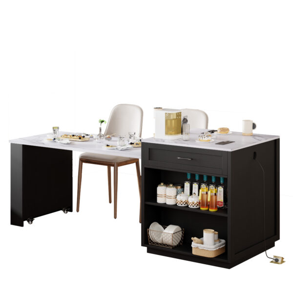 K&K 82.7 inch Kitchen Island with Extendable Dining Table for 4-6 Person,Faux Mable Kitchen Table with Double-sized Storage,Power Outlet,Kitchen island with Storage 2 Drawers 2 Side Open Shelves,Black