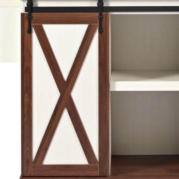 K&K 55.5" Farmhouse Kitchen Island with Drop Leaf, Kitchen Storage Island with Barn Door, Power Outlet, Rolling Kitchen Cart on Wheels with Spice Rack, for Home, Kitchen, Dining Room, White