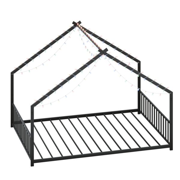 Full size children's bed frame with LED light strips, roof-shaped iron frame bed, Black,78.5" L x 55.9" W x 58.4" H.