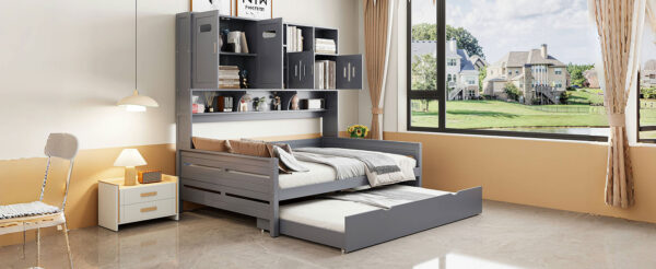Full Size Wooden Daybed With Twin Size Trundle, and All-in-One Cabinet and Shelf, Gray