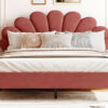 Queen Size Upholstered Platform Bed with Flower Pattern Velvet Headboard, Bean Paste Red