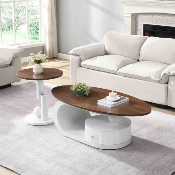 Luxury Nesting Coffee Table Set of 2,  Tables with Storage for Living Room, Oval and Round Table Set, White Center Table, Cocktail Table, Side Table,  Large 47.24'', Small 19.69''