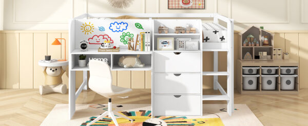 Full Size Low Loft Bed with Built-in Desk,Storage Cabinets and Open Bookcase,Whiteboard for Graffiti,White(ETA:7/8)