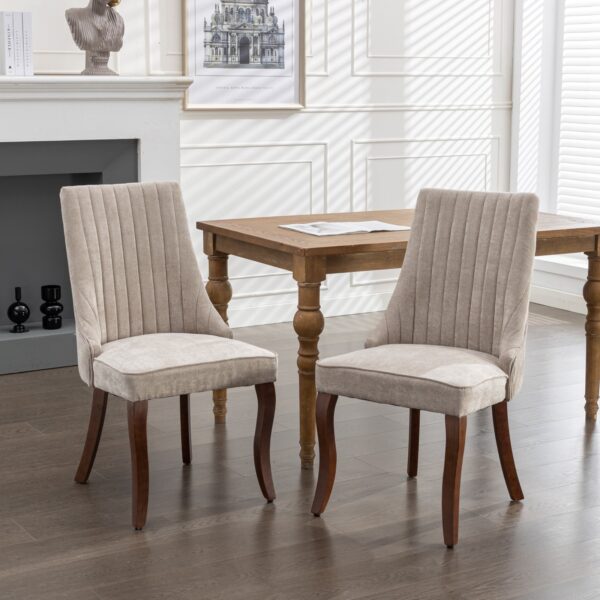Rayon Cloth Flocking Linen Dining Chairs Channel Kitchen Dinner Chair Comfy Fabric Upholstered Accent Chair for Dining Room with Curved Solid Wood Legs,Set of 2 (Beige), SW1847BG