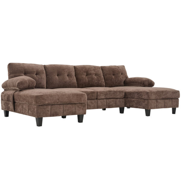 U-shaped Sectional Sofa 103.5" Chenille Fabric Couch with Dual Chaise Lounges, Storage Pockets and Armrest Pillows for Living Room, Brown
