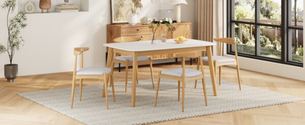 5-Piece Mid-Century Modern Dining Set - Solid Wood Frame Table + 4 Beige Upholstered Chairs(White Oak+Beige)