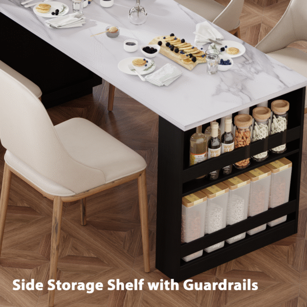 K&K 82.7 inch Kitchen Island with Extendable Dining Table for 4-6 Person,Faux Mable Kitchen Table with Double-sized Storage,Power Outlet,Kitchen island with Storage 2 Drawers 2 Side Open Shelves,Black