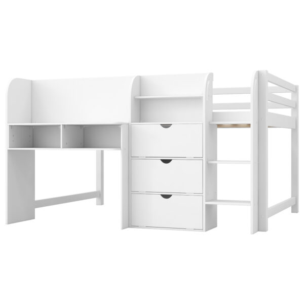 Full Size Low Loft Bed with Built-in Desk,Storage Cabinets and Open Bookcase,Whiteboard for Graffiti,White(ETA:7/8)