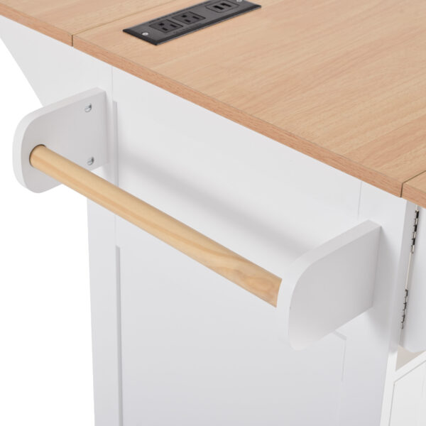 K&K 55.7'' Large Kitchen Island with 2 Drop Leaf,, Rolling Kitchen Cart on 5 Wheels with Power Outlet, Folding Storage Dining Table with Spice & Towel Rack , 3 Drawers, for Kitchen, Dining Room,White