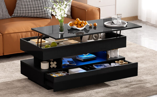 U-Can Lift-Top Coffee Table with 2 Drawers, Modern Coffee Table with Adequate Hidden Compartment, Multi-Functional Lift-Top Coffee Table with High-Gloss Finish for Living Room