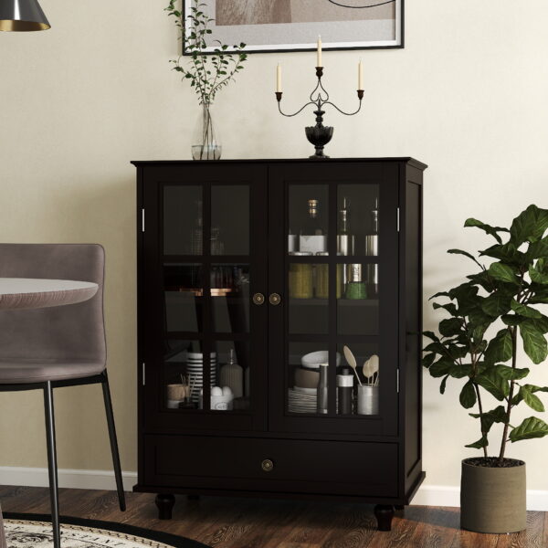 Minimalist Black Buffet Cabinet with Double Glass Doors and Drawer, Modern Wooden Storage Sideboard Cupboard for Living room, Dining Room Hallway Entryway(Black)