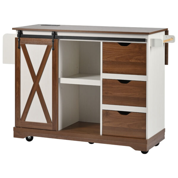 K&K 55.5" Farmhouse Kitchen Island with Drop Leaf, Kitchen Storage Island with Barn Door, Power Outlet, Rolling Kitchen Cart on Wheels with Spice Rack, for Home, Kitchen, Dining Room, White