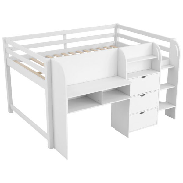 Full Size Low Loft Bed with Built-in Desk,Storage Cabinets and Open Bookcase,Whiteboard for Graffiti,White(ETA:7/8)