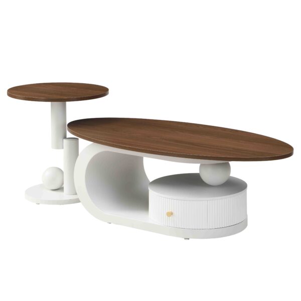 Luxury Nesting Coffee Table Set of 2,  Tables with Storage for Living Room, Oval and Round Table Set, White Center Table, Cocktail Table, Side Table,  Large 47.24'', Small 19.69''