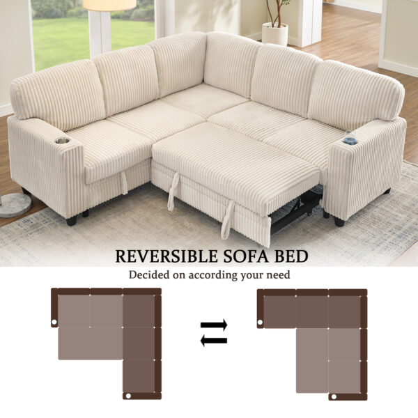 L-Shaped Sectional Sofa Bed with Pull-Out Bed & Storage, 5-Seat Sleeper Couch with USB Charging, Convertible Design for Living Room, Apartment, Corduroy Fabric, Beige