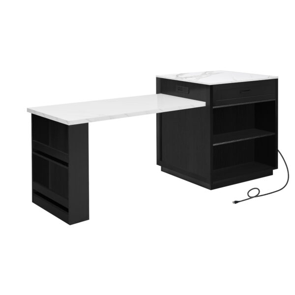 K&K 82.7 inch Kitchen Island with Extendable Dining Table for 4-6 Person,Faux Mable Kitchen Table with Double-sized Storage,Power Outlet,Kitchen island with Storage 2 Drawers 2 Side Open Shelves,Black