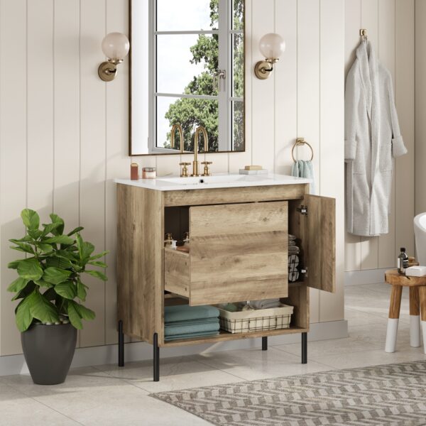 30" Modern Wood Fixture Bathroom Vanity, Bathroom Cabinet with Sliding Drawer, Bathroom Storage Cabinet with Ceramic Basin Sink Top, Single Bathroom Vanities Cabinet with Doors and Open Shelf