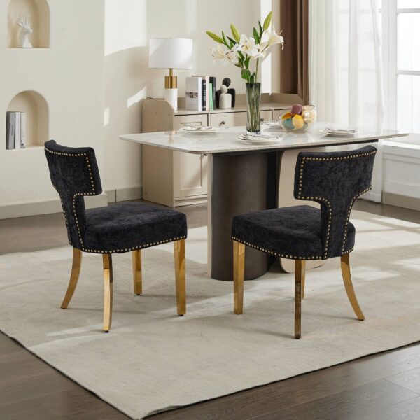 Mid Century Modern Dining Chairs Set of 2, Farmhouse Chenille Fabric Upholstered Accent Chair Curved Backrest with Copper Nails around,Kitchen Chairs with Golden Stainless Steel Plating Legs, Black