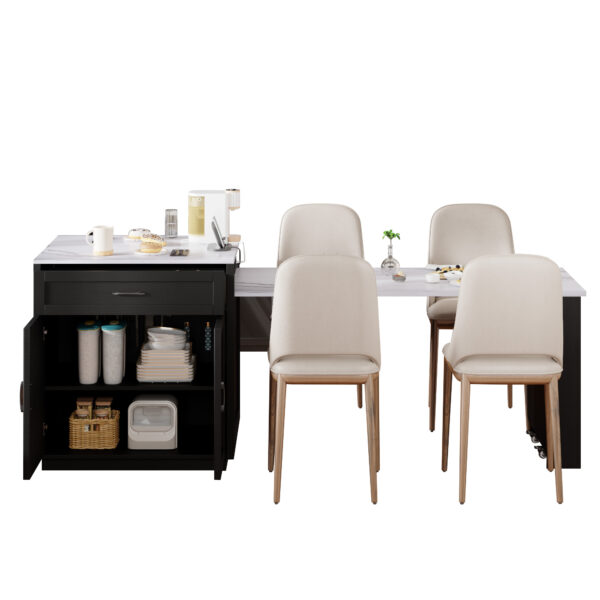 K&K 82.7 inch Kitchen Island with Extendable Dining Table for 4-6 Person,Faux Mable Kitchen Table with Double-sized Storage,Power Outlet,Kitchen island with Storage 2 Drawers 2 Side Open Shelves,Black