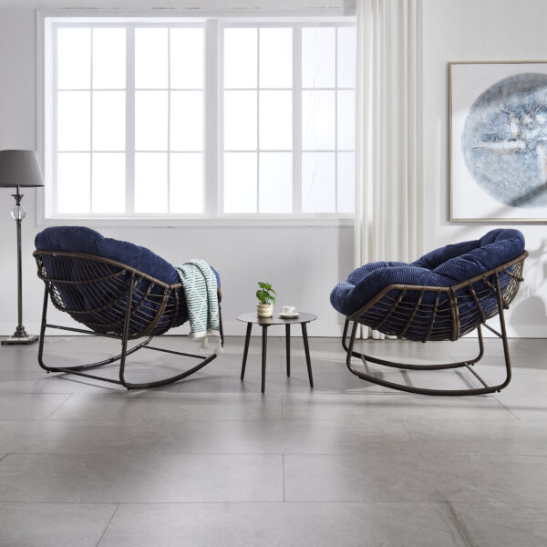 Outdoor Rattan Rocking Chair,Padded Cushion Rocker Recliner Chair Outdoor for Front Porch, Living Room, Patio, Garden, Navy blue