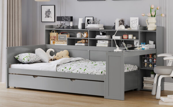 Wooden Twin Size Daybed with Storage Shelves, Multi-functional Bed with Twin Size Trundle Bed and  Study Desk, Gray
