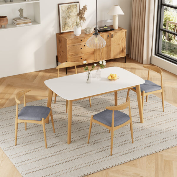5-Piece Mid-Century Modern Dining Set - Solid Wood Frame Table + 4 Beige Upholstered Chairs(White Oak+Gray)