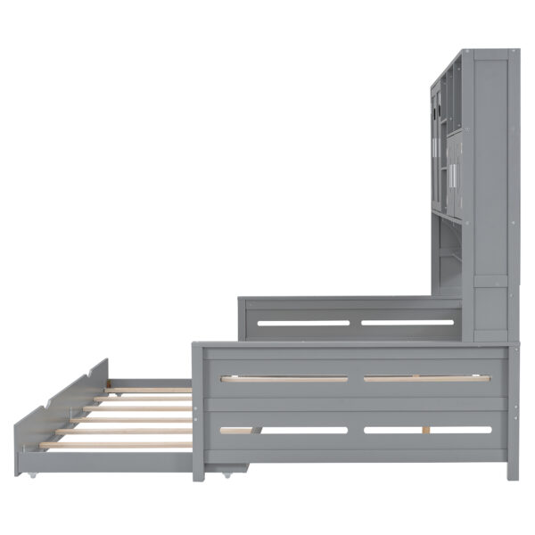 Full Size Wooden Daybed With Twin Size Trundle, and All-in-One Cabinet and Shelf, Gray