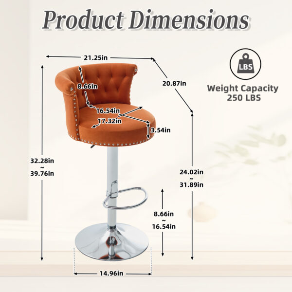 COOLMORE Velvet Bar Stool Set of 2, Adjustable Swivel Bar Stools with Silver Plated Metal Leg, Chrome Nailhead, Counter Height Chair for Kitchen,Dining Room