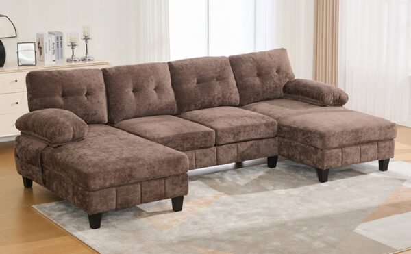 U-shaped Sectional Sofa 103.5" Chenille Fabric Couch with Dual Chaise Lounges, Storage Pockets and Armrest Pillows for Living Room, Brown
