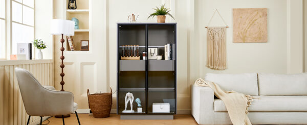 60.6'' Freestanding Display Cabinet with 2 Storage Drawers, Pantry with Glass Doors & LED Lighting, Modern China Cabinet with Adjustable Shelves for Hallways, Kitchen, Livingroom & Office - Grey