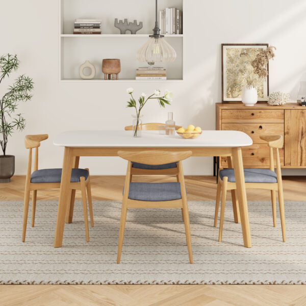 5-Piece Mid-Century Modern Dining Set - Solid Wood Frame Table + 4 Beige Upholstered Chairs(White Oak+Gray)