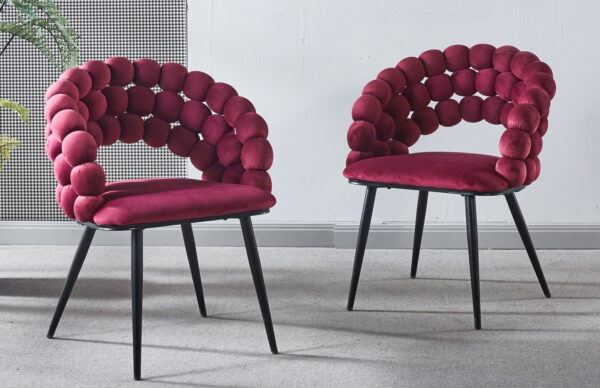wine red  Modern chair(set of 2 ) with golden color iron tube legs,  soft cushions and comfortable backrest, suitable for dining room, living room, cafe,hairball back