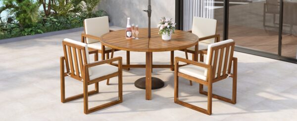 5-Piece Outdoor Patio Dining Set Acacia Wood Outdoor Dining Set Patio Furniture Set with Four  Armchairs and a Table for Garden, Balcony, Backyard, Beige