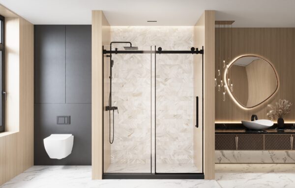 ce98aeae523a43faa61c4abcf338ab63_f63ec59a6aa95afbdc4793beb2c2e4e9 Frameless Single sliding shower door 60 "W x 76" H, 1/4 "(6 mm) Clear Tempered Glass, Explosion Proof Film, Stainless Steel Handle Square Tube Track ,Matte Black