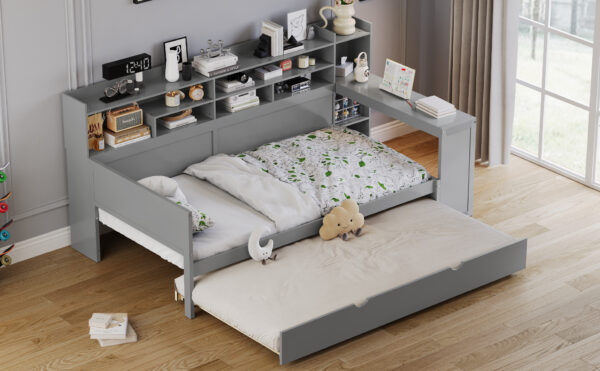 Wooden Twin Size Daybed with Storage Shelves, Multi-functional Bed with Twin Size Trundle Bed and  Study Desk, Gray