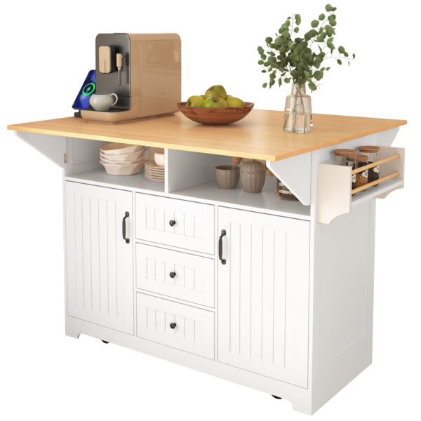 K&K 55.7'' Large Kitchen Island with 2 Drop Leaf,, Rolling Kitchen Cart on 5 Wheels with Power Outlet, Folding Storage Dining Table with Spice & Towel Rack , 3 Drawers, for Kitchen, Dining Room,White