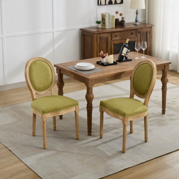 A&A Furniture,French Style Solid Wood Frame Antique Painting Linen Fabric Back Dining Chair,Set of 2,SW1845OL,Olive Green