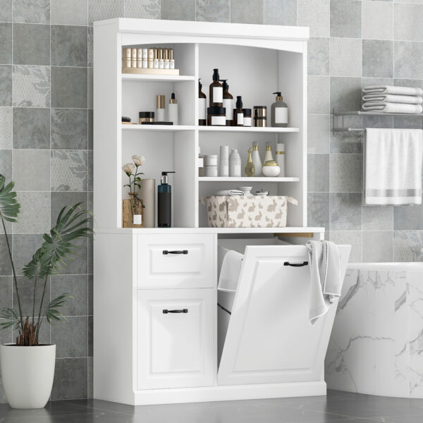 Bathroom Storage Cabinet with Tilt-Out Hamper, 70.9'' Tall Free Standing Organizer with Drawers & Adjustable Shelves, MDF Linen Tower with Steel Handles, White Finish