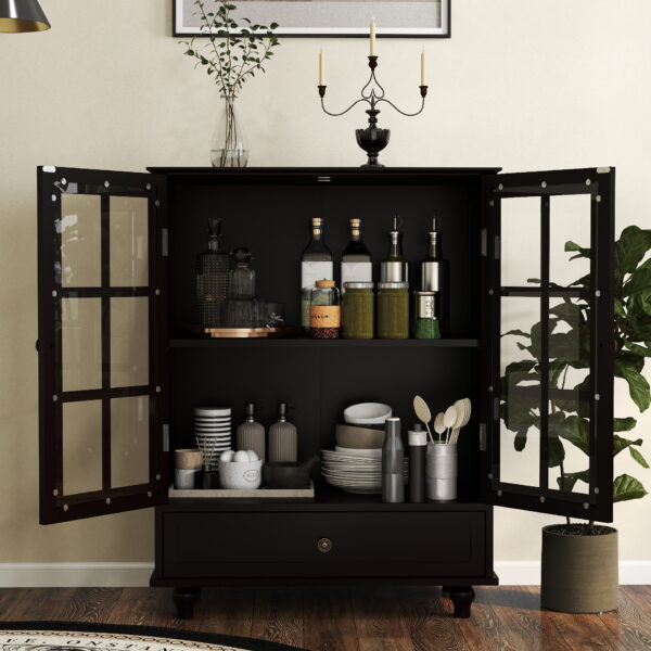 Minimalist Black Buffet Cabinet with Double Glass Doors and Drawer, Modern Wooden Storage Sideboard Cupboard for Living room, Dining Room Hallway Entryway(Black)