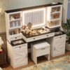 61.5" Farmhouse Vanity Desk with Mirror and LED Lights, Dressing Table with 5 Drawers and 4 Cabinets, Makeup Vanity Table Set with Glass Visual Desktop and Cushion Stool, for Bedroom