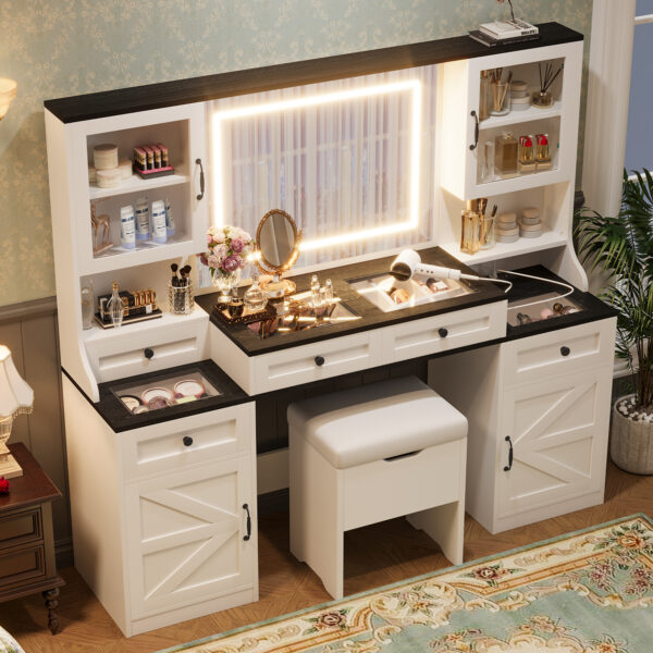 d1b1c66745194659b591d40068ced04b_1198ef2526b1a29727a888ee85b555a9 61.5" Farmhouse Vanity Desk with Mirror and LED Lights, Dressing Table with 5 Drawers and 4 Cabinets, Makeup Vanity Table Set with Glass Visual Desktop and Cushion Stool, for Bedroom