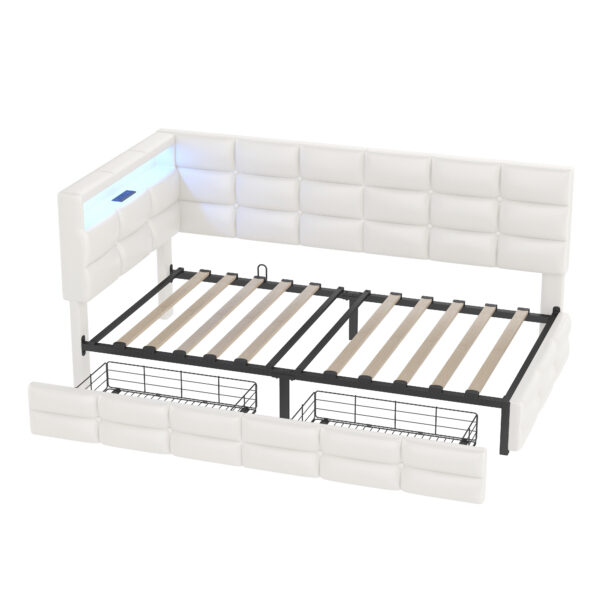 Upholstered Twin Size Daybed with Storage 2 Drawers and Charging Station, Day Bed Frame with LED Lights and Storage Headboard, No Box-Spring Needed, Beige