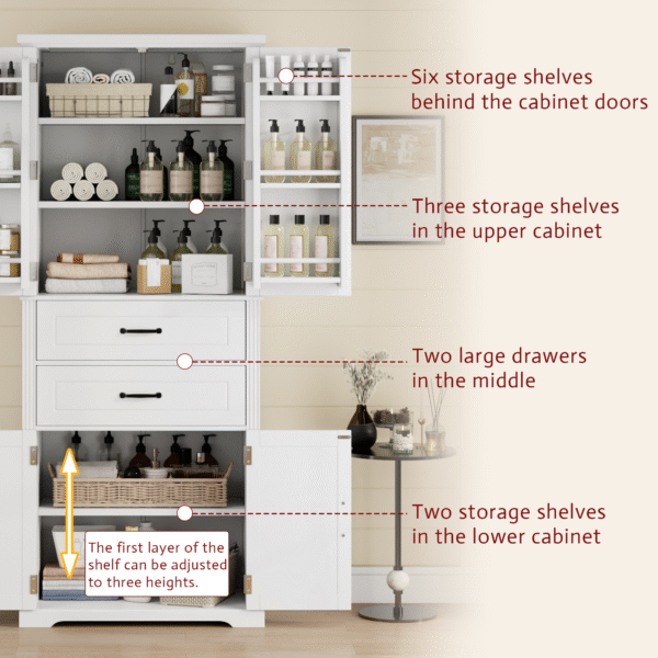 Storage Cabinet with Multi-Functional Storage Space for Kitchen/Bathroom/Dining Room/Living Room , 2 Drawers with Slide Rails, Adjustable Shelf, White