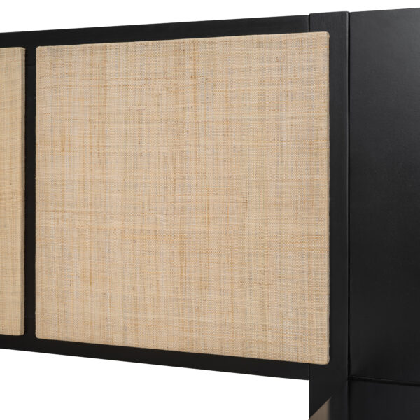 Queen Size Solid Wood Bed Frame with 2 Nightstands, Elegant Design with Lamps, Rattan and Wood Combination,Black