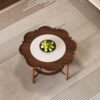 Mid-Century Style Coffee Table with Petal Shape and White Crackle Pattern Glass, 2-Tiered Coffee Table with Rattan, Walnut, 31.5"
