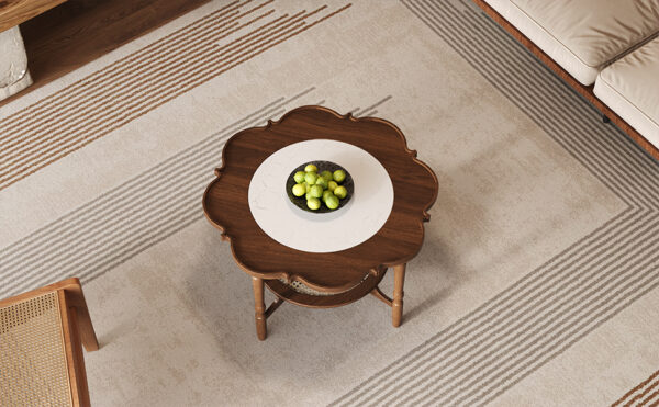Mid-Century Style Coffee Table with Petal Shape and White Crackle Pattern Glass, 2-Tiered Coffee Table with Rattan, Walnut, 31.5"